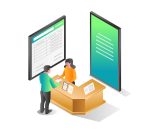 Flat isometric illustration concept. man looking for information to customer service